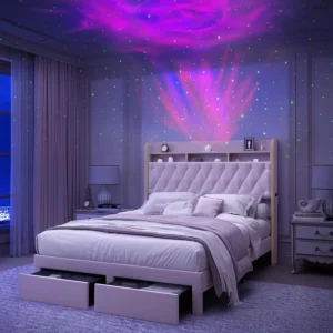 Queen LED Bed Frame with Storage, Projector,