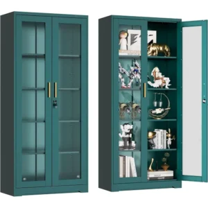 Green Lockable Glass Display Cabinet with 4 Adjustable