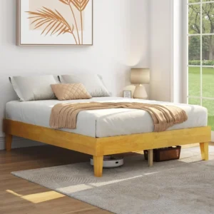 Queen Bed Frame Natural Solid Wood Platform Bed with Wooden Slats Support, 12-inch Underbed Space for Storage Customized