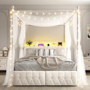 EnHomee Canopy Bed Frame with LED Lights & Charging Station,