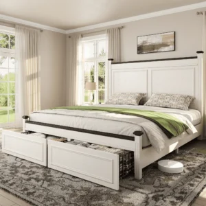 Farmhouse Wood Platform Bed Frame,, No Box Spring Needed