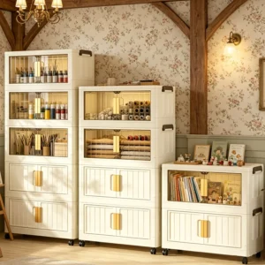 Cream White Foldable Storage Cabinet, No Assembly Needed,