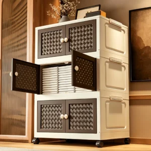 Multi-layer foldable and stackable plastic storage cabinet