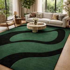 Sage Green and Black Tufted Abstract Wool Rug,